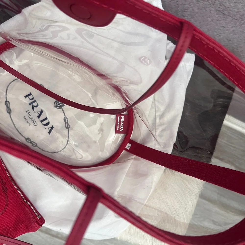 PRADA Clear Red Tote Pool Summer Bag with Pouch Authentic Used  Good   Condition - Picture 7 of 14